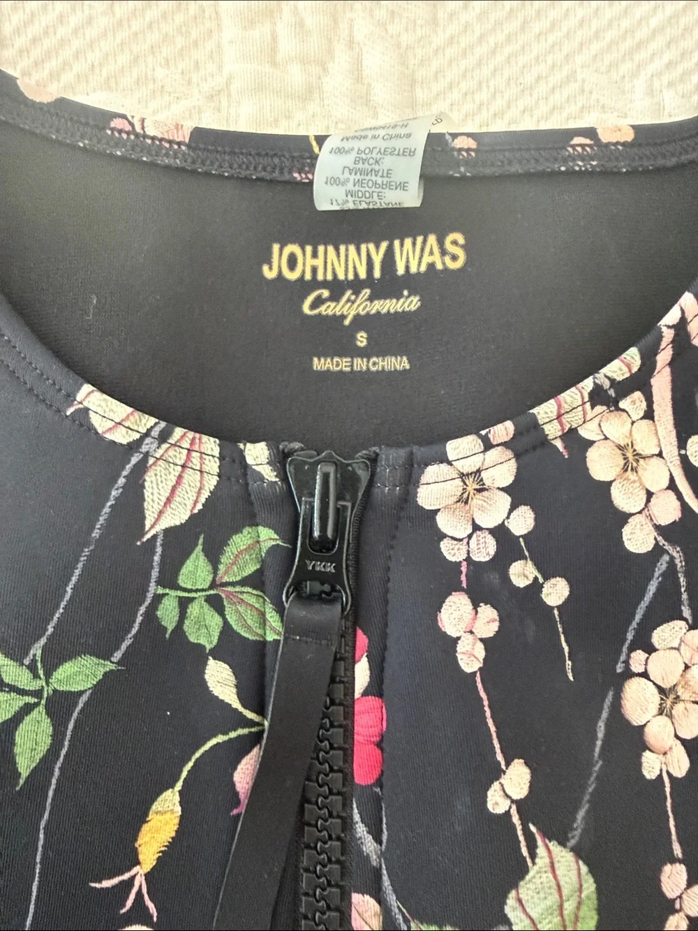 Johnny Was Black Floral Zip-Front neoprene wetsuit  with Pink & Yellow Accents